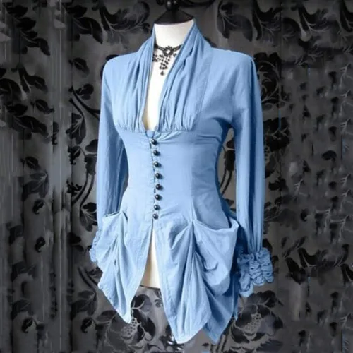 Vista 2 de SHOPESSA Blusa gótica renacentista para mujer con corsé, manga abombada, camisas victorianas steampunk irregulares para disfraz de Halloween
