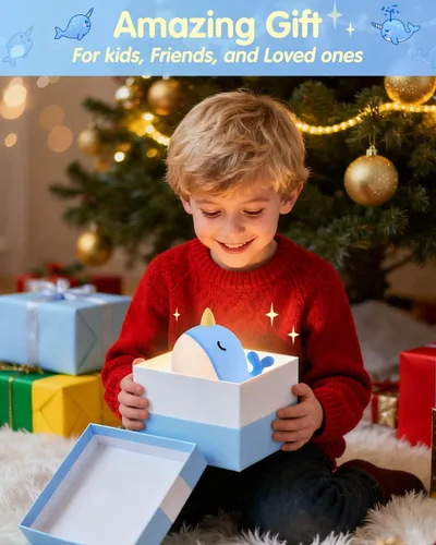 Vista 5 de Fuloon Narwhal - Luz nocturna con forma de ballena, lámpara de silicona blanda para niños, control táctil seguro y relajante para niños y bebés