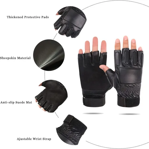 Vista 4 de Long Keeper Guantes de cuero genuino sin dedos para hombre, medio dedo, conducción, ciclismo, motocicleta, deportes al aire libre, Negro