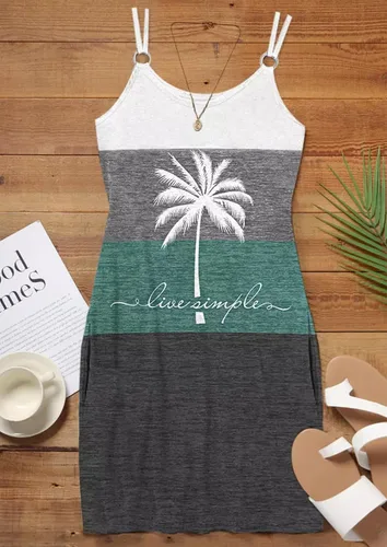 Vista 2 de Live Simple Coconut Tree Color Block Pocket Mini Vestido Mujer Verano Playa Sin Mangas Camiseta