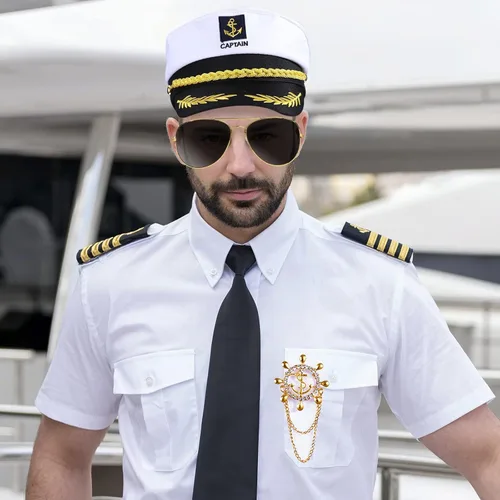 Vista 5 de 6 piezas de disfraz de capitán de yate de marinero para hombres, juego de accesorios de crucero para adultos para fiestas temáticas náuticas