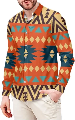 Vista 14 de Camisas aztecas con botones para hombre, vintage, nativo americano, patrón tribal nación, manga larga, camisa de talla grande para hombre