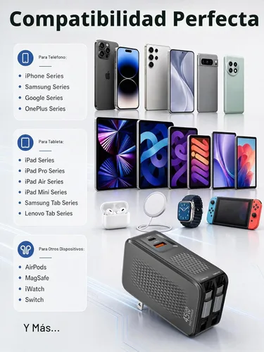 Vista 7 de Cargador USB C retráctil, cargador de iPhone de 45 W, carga rápida, bloque de enchufe plegable 4 en 1, cable doble tipo C para iPhone 17E/17