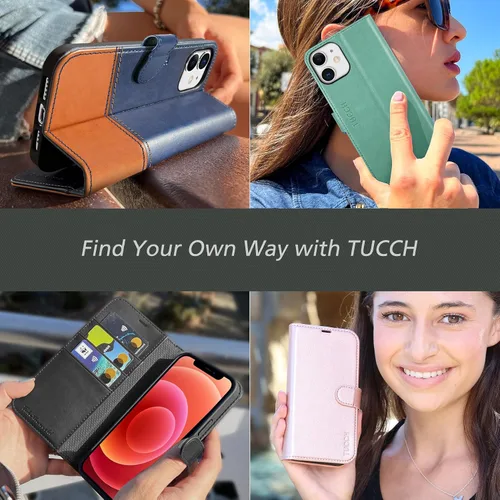 Vista 9 de TUCCH Funda tipo cartera para iPhone 12/iPhone 12 Pro 5G, con bloqueo RFID, ranura para tarjetas y soporte