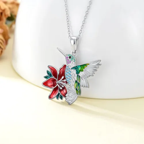 Vista 5 de PEIMKO Collar de colibrí esmaltado con dije de colibrí, collar de plata de ley, lindo collar de pájaro anímico con colgante de pájaro de flor