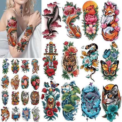 Vista 11 de 77 hojas de tatuajes temporales para mujeres y hombres, 17 hojas de tatuajes falsos de medio brazo de flores de playa, calaveras, atardeceres, 60