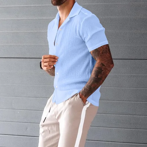 Vista 3 de Camisas casuales con botones para hombre, manga corta, color sólido, para yoga, playa, hawaiano, verano, vacaciones