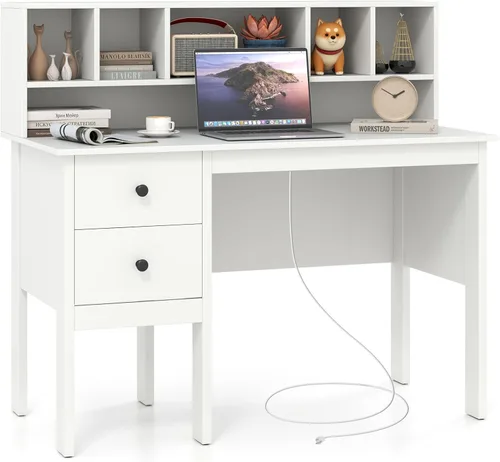 Vista 10 de COSTWAY Escritorio con puertos de carga USB y tomas de corriente, escritorio de computadora de 48 pulgadas con cajones y gabinete de 5