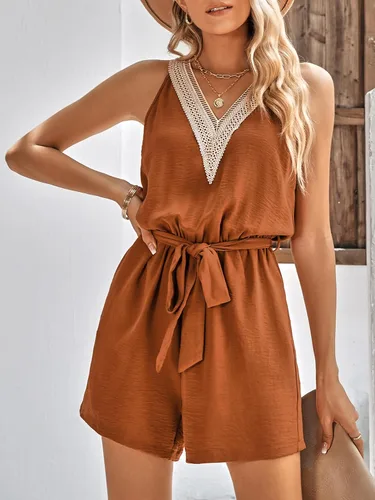 Vista 4 de Overol casual sin mangas con cinturón de verano para mujer, con cuello en V de encaje, overol corto con bolsillos