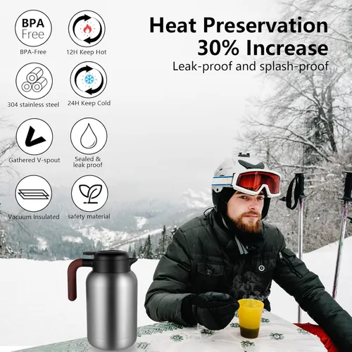 Vista 2 de Luvan Sus316 - Jarra térmica de café de 68 onzas, 2 L, jarra de café al vacío de doble pared, cafetera con tapa y agarre de madera maciza