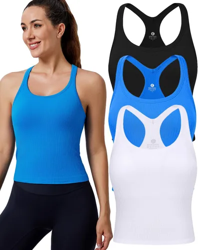 Vista 16 de Women's Workout Tank Tops, with Built in Bra Racerback Seamless Crop Tops Negro Blanco Gris 3 Pack