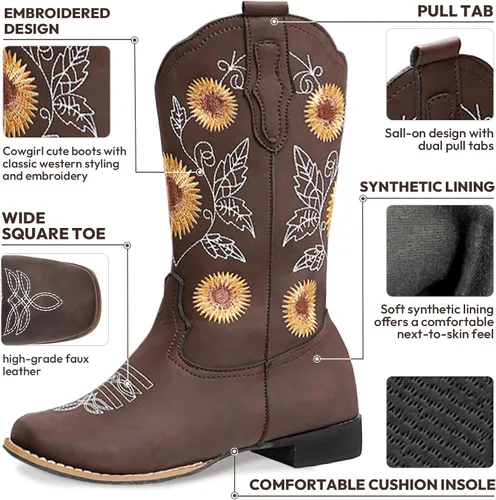Vista 4 de Botas vaqueras bordadas con girasol para mujer, botas vaqueras con punta cuadrada, botas altas de vaquera para todas las estaciones y ocasiones