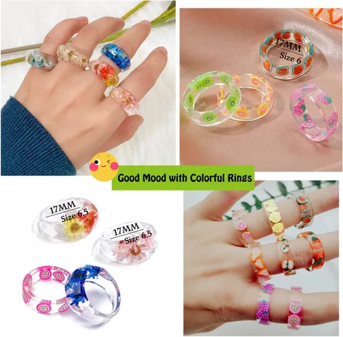 Vista 3 de MOROYA 20 anillos de resina coloridos para mujer, flores de limón, fresa, resina de frutas, anillos de acrílico gruesos, anillos de plástico