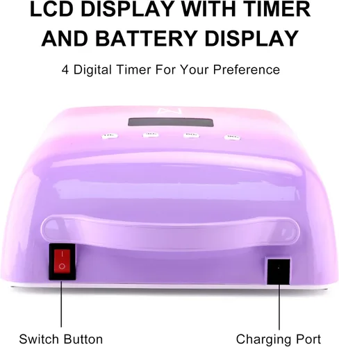 Vista 6 de M - Lámpara de curado de uñas M sin cables y recargable NEO de 78 W con 4 pantallas LCD de visualización de tiempo, sensor automático y espacio