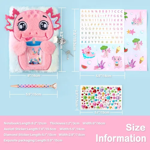 Vista 4 de WERNNSAI Axolotl - Diario secreto para niñas con llave de bloqueo, kit de diario de felpa para niños, cuaderno de viaje escolar con bolígrafo