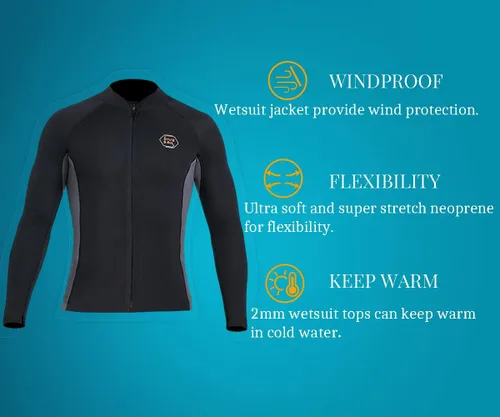 Vista 3 de Traje de neopreno superior de 0.079 pulgadas, chaqueta de neopreno para hombres y mujeres, cremallera frontal, manga larga, traje de buceo