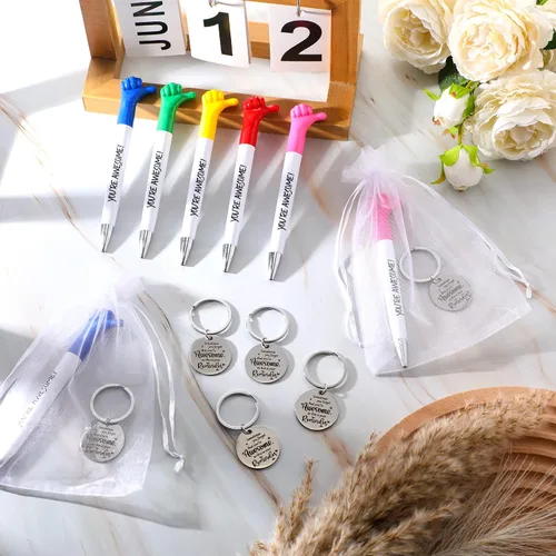 Vista 5 de Fumete 45 piezas de regalos de agradecimiento a granel, bolígrafos inspiradores y llaveros con bolsas de organza, impresionante reconocimiento