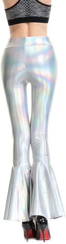 Vista 4 de Pantalones metálicos brillantes y ajustados con parte inferior acampanada para mujer, aspecto mojado, sirena, elásticos, de cintura alta, pantalones