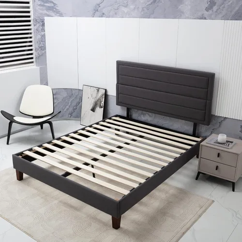 Vista 8 de MLILY Base de cama tapizada con plataforma, base de colchón de tamaño individual, soporte de listones de madera, no necesita somier, fácil montaje