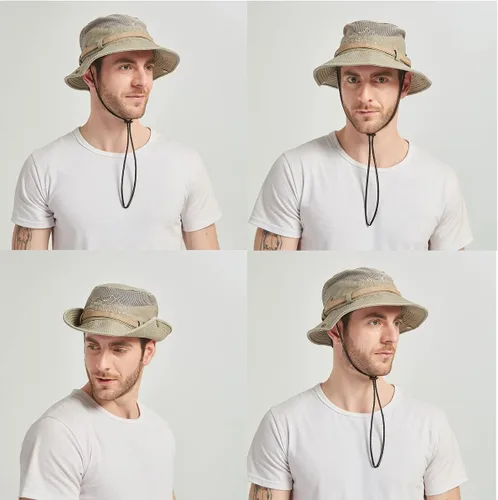 Vista 5 de Sombrero de sol para hombre, bordado de algodón, para verano, protección solar, ala ancha, plegable, estilo safari, boonie