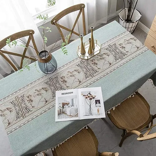 Vista 4 de Pahajim Mantel de lino rústico rectangular con borlas a rayas de algodón para mesa de cocina y comedor, cuadrada, 55 x 55 pulgadas, 4 asientos