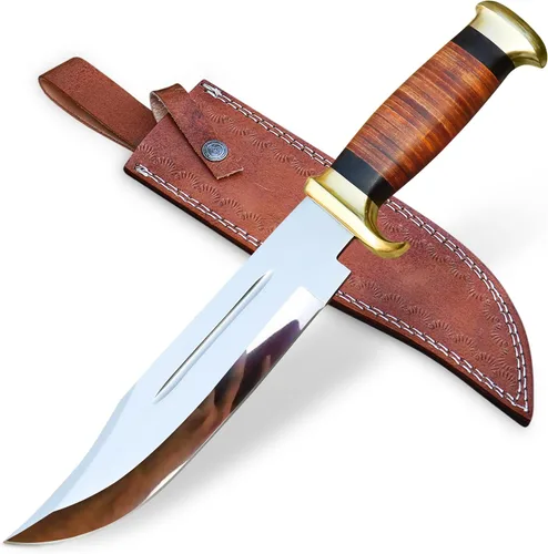 Vista 8 de Cuchillo Bowie con funda, cuchillo de caza de hoja fija para camping, senderismo, bushcraft, equipo al aire libre, cuchillo de supervivencia