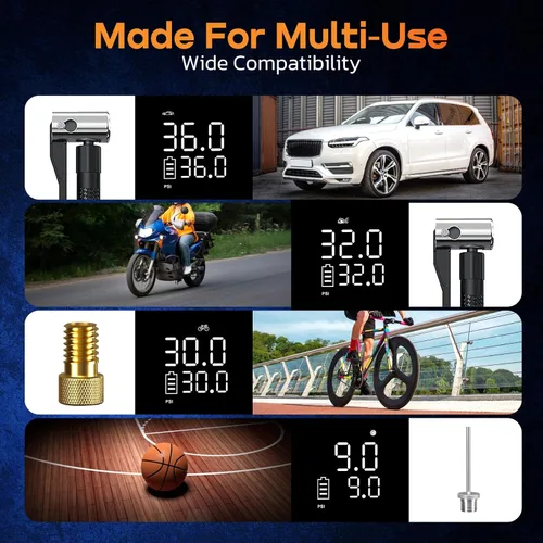 Vista 5 de Compresor de aire portátil para inflador de neumáticos, 150 PSI, indicador digital, luz LED de apagado automático para automóvil, SUV, motocicleta