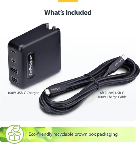 Vista 11 de StarTech - Cargador de pared USB-C GaN de 100 W, adaptador de corriente para MacBook Pro/Air Dell XPS, iPhone 15/Pro, iPad Pro, 2x USB-C/2x USB-A
