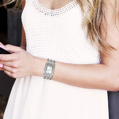 Vista 5 de Reloj de pulsera para mujer, cuadrado, redondo, plateado, con bisel de cristal, brazalete con bisel de cristal, estilo casual, a la moda