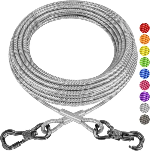 Vista 7 de XiaZ Cable de amarre para perros de 10 pies, para patio, cable de acero para mascotas con clips duraderos con bloqueo, cadenas para perros