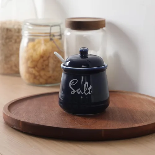 Vista 8 de Farmhouse - Sal de porcelana con tapa y cuchara, 12 onzas, fácil de limpiar (azul marino)