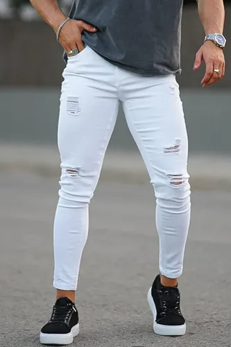 Vista 2 de Gingtto jeans entallados elásticos para hombre, de corte ajustado, rasgados, gastados