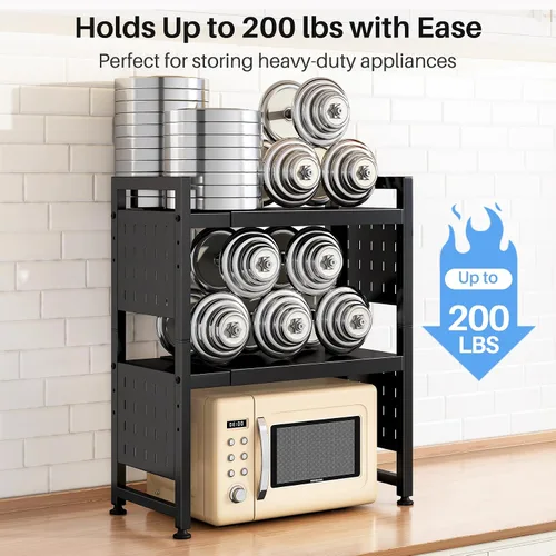 Vista 4 de Estante para horno de microondas expandible, estante de horno de microondas resistente de 3 niveles ajustable con 8 ganchos y 2 soportes, estante