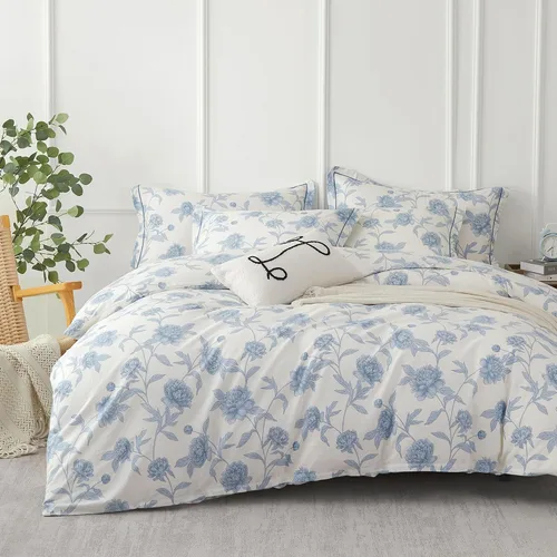Vista 8 de Juegos de Fundas de Edredón Florales de Algodón 100% Natural de 2 Piezas - Funda de Edredón Blanco Grisáceo con Patrón de Flores y Ramas Lujosas