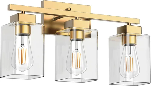 Vista 2 de PARTPHONER Lámparas de baño de 3 luces, luces de tocador modernas de oro cepillado, accesorios de iluminación de baño sobre el espejo, apliques
