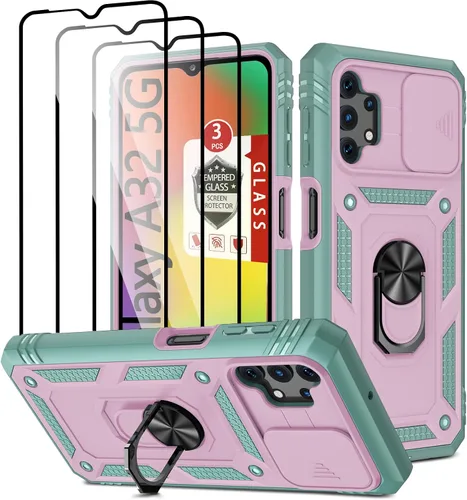 Vista 9 de Funda para Galaxy A32 5G, para Galaxy A32 con 3 protectores de pantalla de vidrio templado con soporte integrado + cubierta de cámara, carcasa