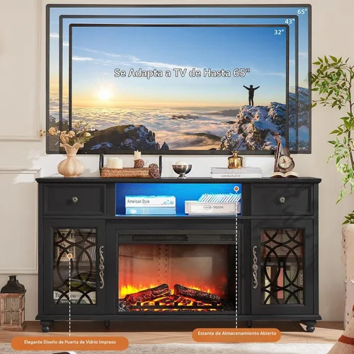 Vista 4 de Joaxswe Farmhouse - Soporte para TV con chimenea eléctrica y luces LED Negro
