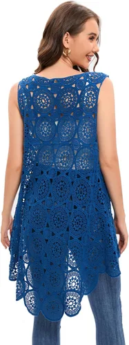 Vista 2 de Chaleco de encaje de ganchillo para mujer, estilo bohemio, sin mangas, kimono con dobladillo irregular