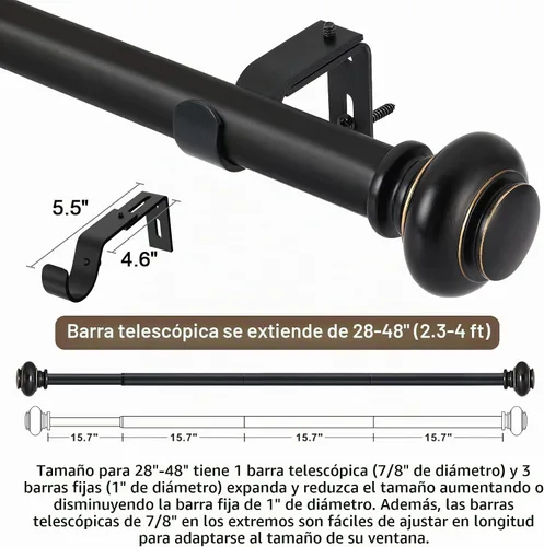 Vista 5 de SIMEWIN Barras de cortina negras para ventanas de 28 a 48 pulgadas, ajustables, decorativas, de 1 pulgada de diámetro, juego de cortineros Negro