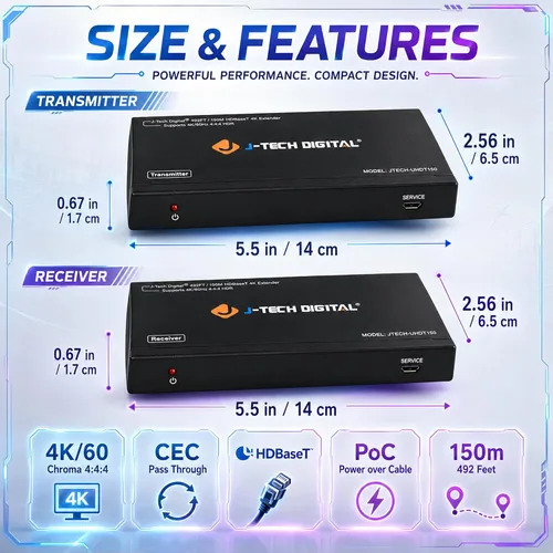 Vista 6 de J-Tech Digital Extensor HDMI de largo alcance sobre Cat6 150m/492ft HDBaseT 4K60Hz 18Gbps Extensor PoC, IR bidireccional, compatible con Dolby