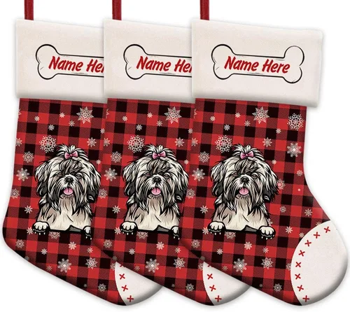 Vista 62 de Foto personalizada, Feliz Navidad, búfalo rojo, a cuadros, feliz perro, calcetín de Navidad, copo de nieve, decoración de vacaciones, calcetín