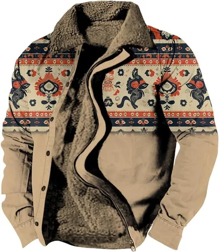 Vista 23 de LOAIHA Chaqueta de invierno para hombre, chaqueta azteca occidental para hombre, con cremallera, forro polar cálido, chaqueta vaquera, étnica vintage