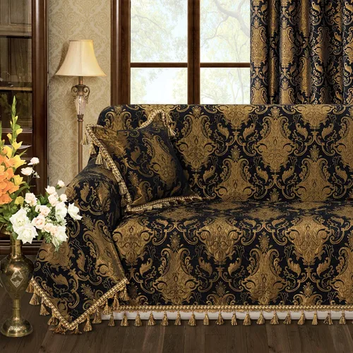 Vista 14 de Loom and Mill Fundas de sofá de lujo, funda clásica de damasco jacquard grueso para sofá, protector de muebles con borde de encaje y borlas hechas a