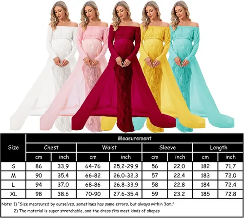 Vista 7 de ZIUMUDY Vestido de sesión de fotos de maternidad de manga larga con hombros descubiertos, vestido de encaje ajustado con capa larga de gasa trian