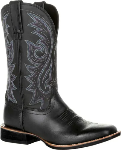 Vista 2 de Botas vaqueras marrones de cuero bordado de medio cilindro para hombre, tacón grueso de media pantorrilla, punta puntiaguda, botas vaqueras