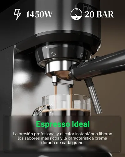 Vista 2 de HBN Máquina de café expreso de 20 Bar con espumador de leche, cafetera compacta para café molido, cafetera de acero inoxidable con varilla de vapor