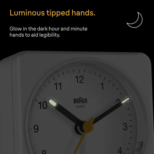 Vista 2 de Braun Reloj despertador analógico clásico con repetición y luz, movimiento de barrido de cuarzo silencioso, alarma de pitido Crescendo en blanco