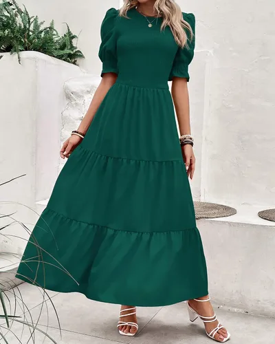 Vista 156 de BTFBM Vestidos para mujer, cuello redondo, casual, de verano, con volantes, manga corta, bohemio, con niveles, fruncido, largo, con estampado floral