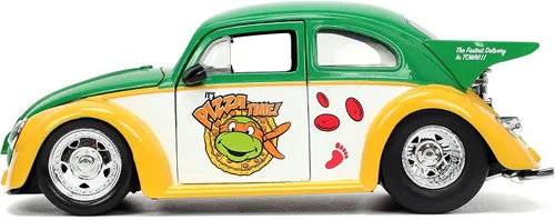 Vista 5 de Jada Teenage Mutant Ninja Turtles 1:24 1959 Volkswagen Drag Beetle - Coche fundido a presión y figura de Miguel Ángel de 2.75 pulgadas, juguetes