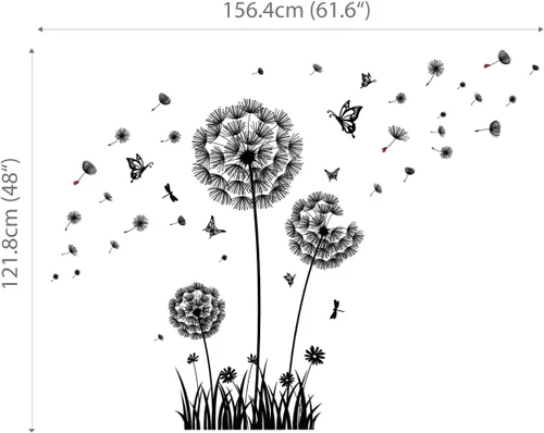 Vista 4 de BASHOM BS-105 Calcomanías de pared de diente de león negro flor voladora mariposas calcomanías para sala de estar, dormitorio, cuarto de bebé, baño
